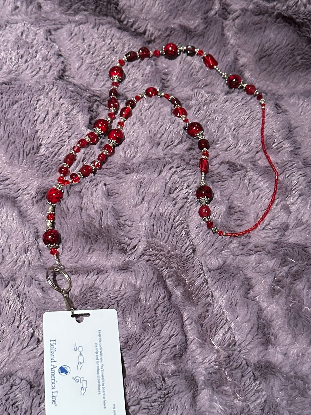 LANYARD Custom Deep Red and Red Crystal, Silver Bead 4 Work Cruise Like NEW $120